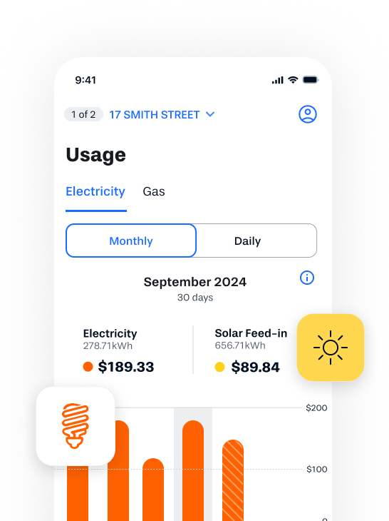 Mockup of usage screen in the Alinta app showing monthly usage and a bar chart