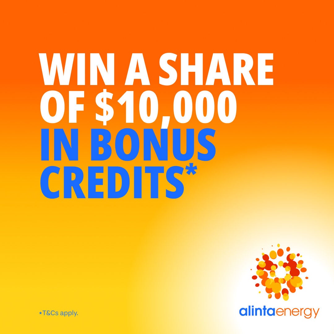 Graphic with the words Win a share of $10,000 in bonus credits on a colourful orange and yellow gradient with the Alinta Energy logo
