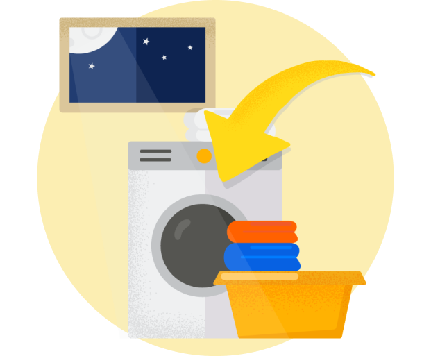 Graphical representation of a washing machine at night with a basket full of laundry next to it and an arrow pointing downwards symbolising energy use