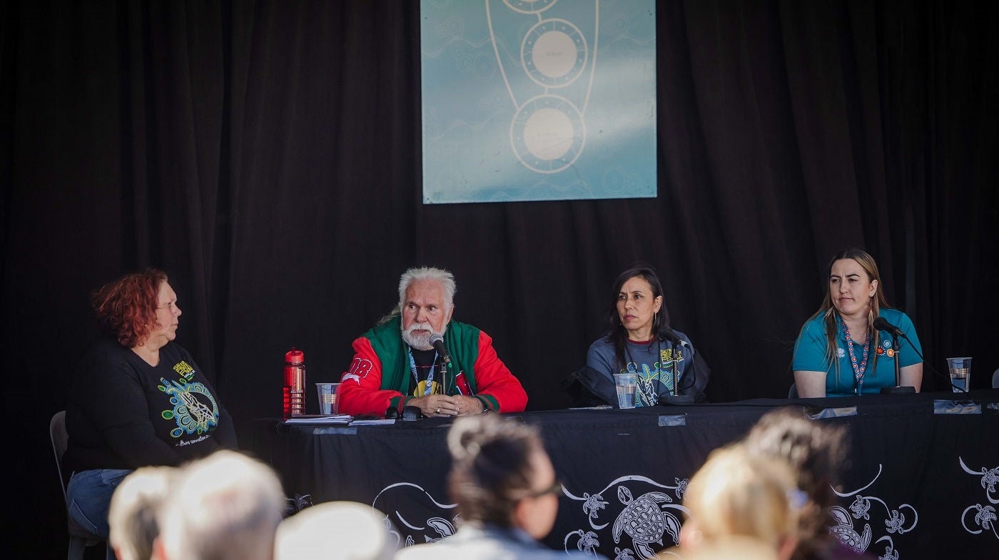 A panel of four attendees at the 2024 Saltwater Freshwater Festival's Yarn Tent.