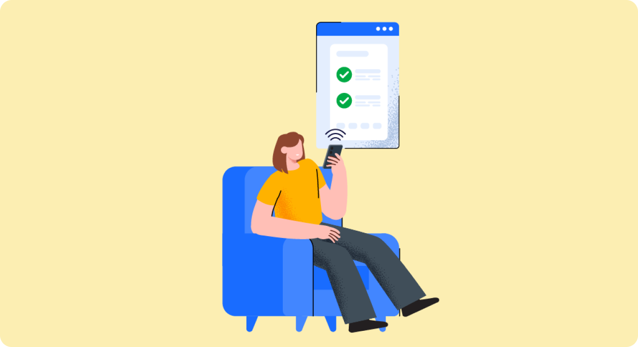 Graphical representation of a person in a large blue armchair holding a mobile phone and above shows a checklist of items