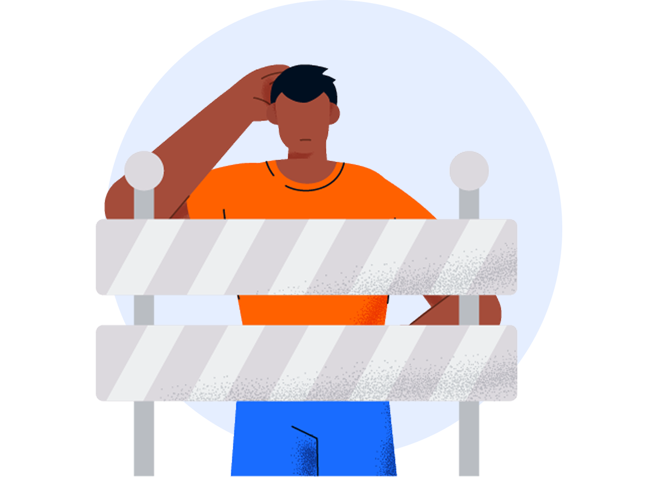 Graphical representation of a man scratching his head at a roadwork barrier