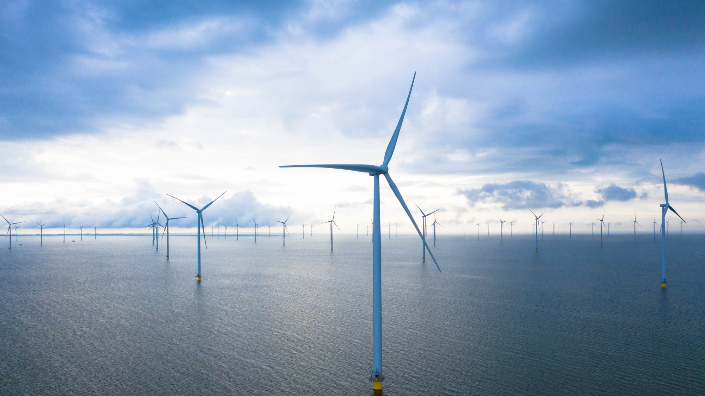 Many wind turbines on an offshore wind farm in the middle of the ocean on a calm day