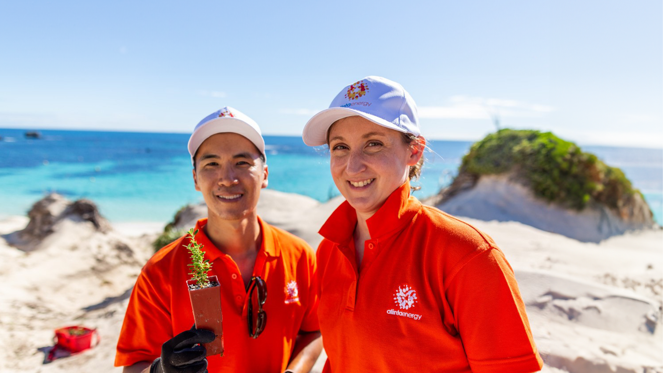 Two smiling Alinta Energy staff members wearing orange polo shirts and white caps,  working on Rottnest Island as volunteers with blue ocean behind them. They are holding a young tube stock plant.