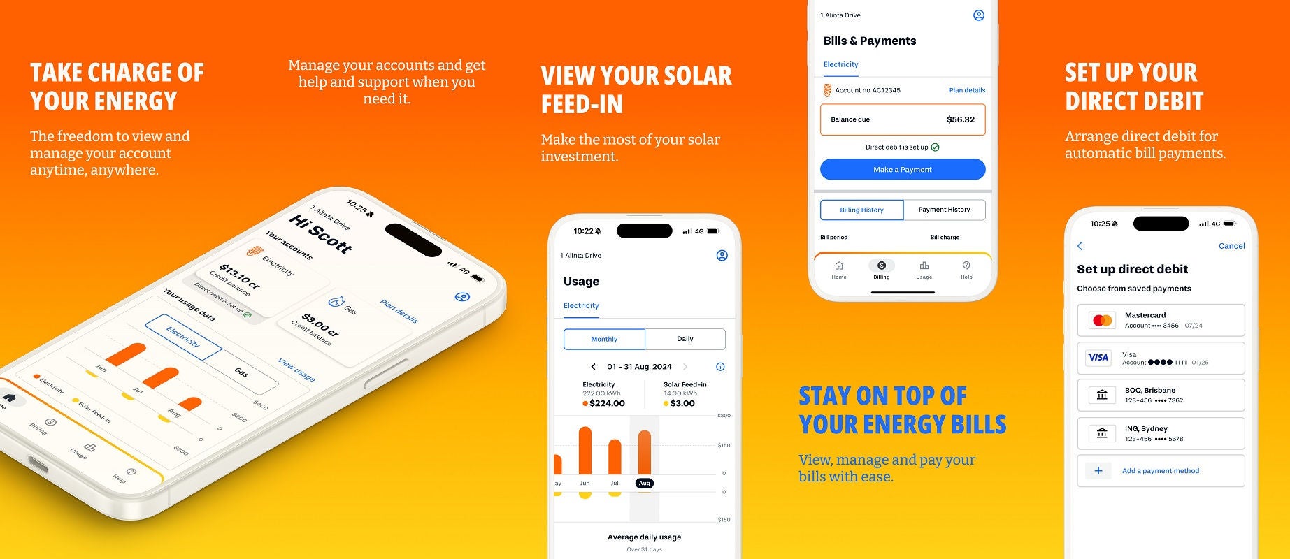 An image of several mobile phones in a row showing different views of the Alinta Energy mobile app. The phones appear against an orange background.