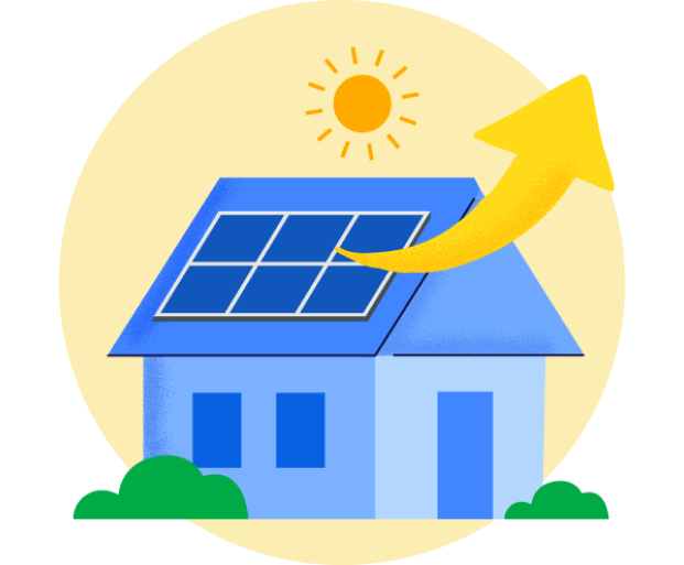 A graphical representation of a house with solar panels on the roof and a large arrow pointing upwards symbolising energy export