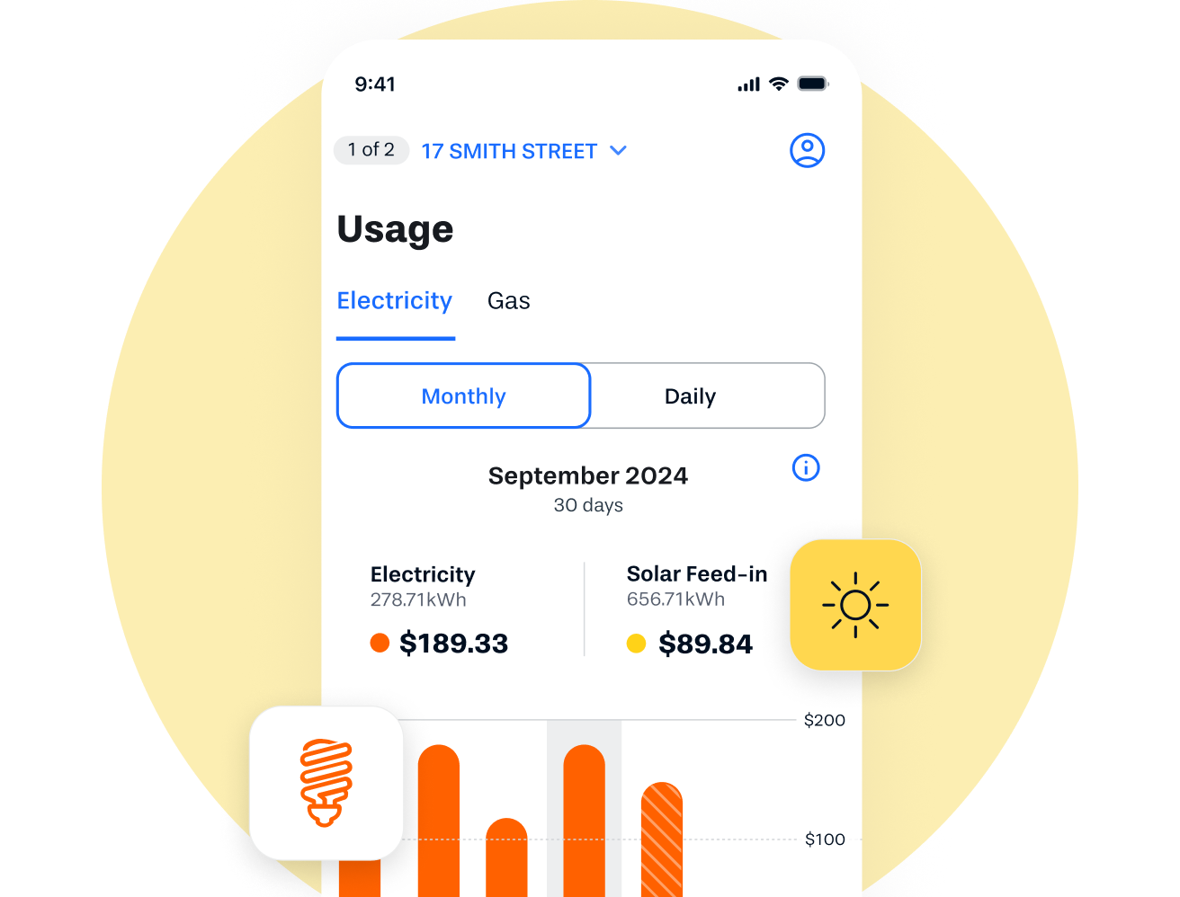 A screenshot of the features of the Alinta Energy app showing usage in a bar chart on a yellow circle graphic